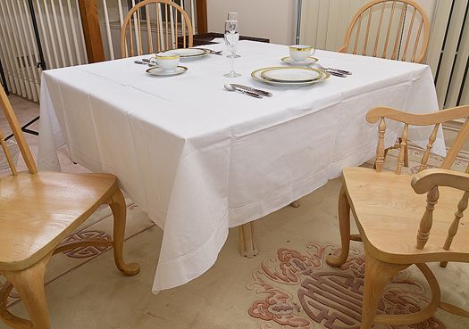 Happy Festive 70" Square tablecloth. White color - Click Image to Close